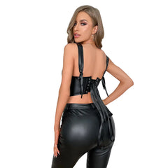 Women's Corset Black PU Leather Bustier Crop Top